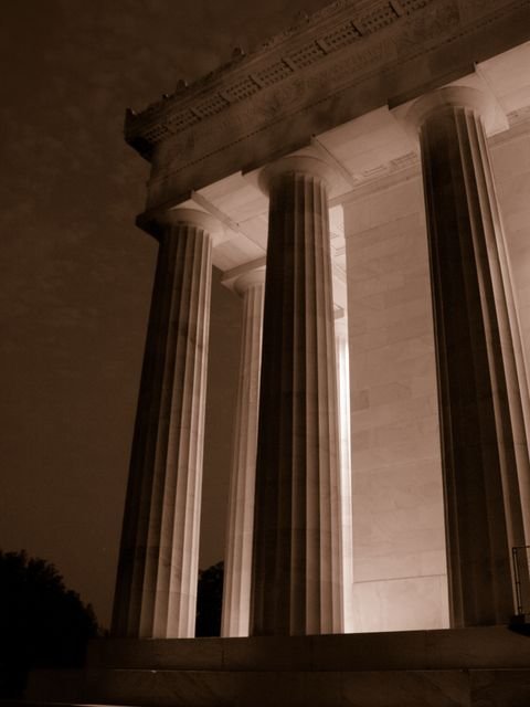 Lincoln Memorial columns at night, lit from within