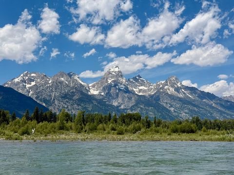 The snowcapped Teton range rising beyond the river and cottonwoods